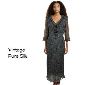 Vintage Vision Apparel Black White Silk Maxi Dress Size 10